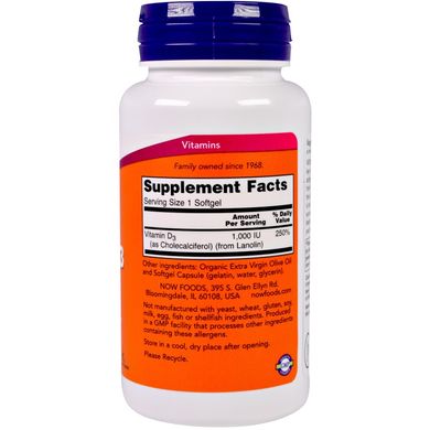 Витамин D-3 (Now Foods, Vitamin D-3), 1000 МЕ, 180 мягких капсул