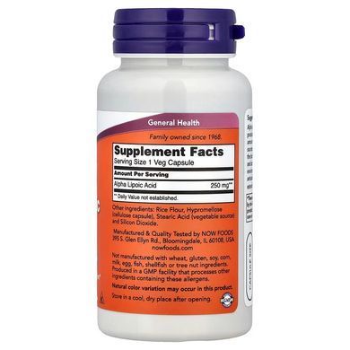 Альфа-Липоевая Кислота (Now Foods, Alpha Lipoic Acid), 250 мг, 60 капсул
