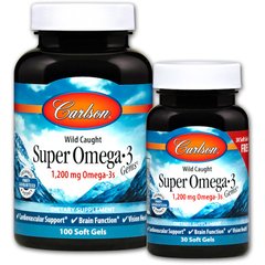 Супер Омега-3, (Carlson Labs, Wild Caught, Super Omega-3 Gems), 1200 мг, 100 + 30 м'яких капсул