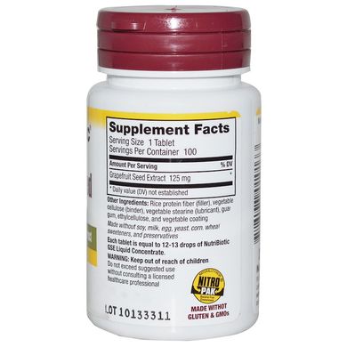 Экстракт семян грейпфрута (NutriBiotic, GSE, Grapefruit Seed Extract), 125 мг, 100 таблеток
