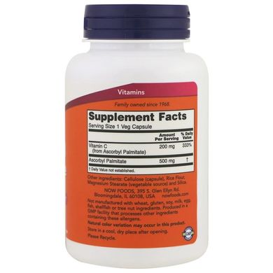 Витамин С, Аскорбил пальмитат (Now Foods, Ascorbyl Palmitate), 500 мг, 100 вегетарианских капсул