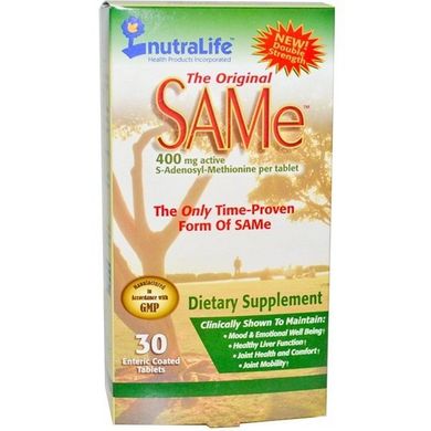 SAMe, S-аденозилметионин (NutraLife, The Original SAMe), 400 мг, 30 таблеток с энтеросолюбильным покрытием