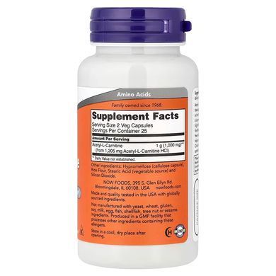 Ацетил-L-Карнитин (Now Foods, Acetyl-L Carnitine), 500 мг, 50 капсул