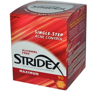 Засіб від акне, без спирту (Stridex, Single-Step Acne Control, Maximum, Alcohol Free) 90 м'яких серветок