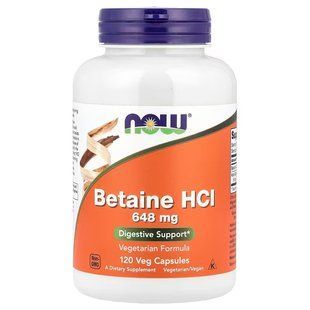 Бетаин HCl (Now Foods, Betaine HCI), 648 мг, 120 вегетарианских капсул