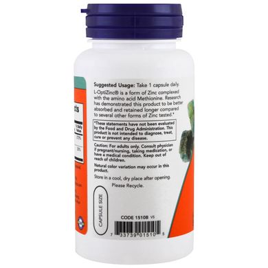 L-ОптиЦинк (Now Foods, L-OptiZinc), 30 мг, 100 вегетарианских капсул