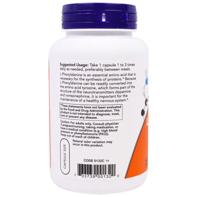 L-Фенілаланін (Now Foods, L-Phenylalanine), 500 мг, 120 вегетаріанських капсул