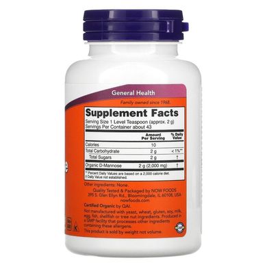 Д-Манноза, порошок  (Now Foods, Certified Organic D-Mannose Pure Powder), 85 г