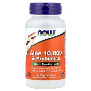 Алоэ 10000 и Пробиотики (Now Foods, Aloe 10,000 & Probiotics), 60 вегетарианских капсул
