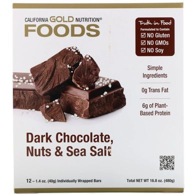 Батончики з темного шоколаду з горіхами і морською сіллю (California Gold Nutrition, Foods, Dark Chocolate Nuts), 12 батончиків, по 40 г кожен
