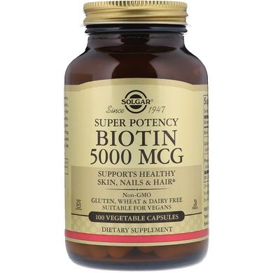 Біотин (Solgar, Biotin), 5000 мкг, 100 вегетаріанських капсул