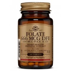 Фолиевая кислота (Solgar, Folate 666 mcg DFE), 400 мкг, 100 таблеток