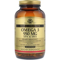 Омега-3 Потрійна сила (Solgar, Omega-3, EPA & DHA, Triple Strength), 950 мг, 100 капсул