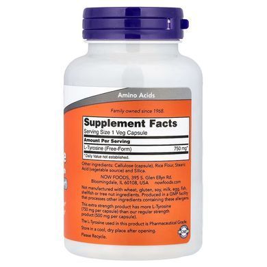 L-Тирозин (Now Foods, L-Tyrosine, Extra Strength), 750 мг, 90 вегетарианских капсул
