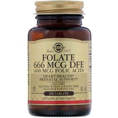 Фолієва кислота (Solgar, Folate 666 mcg DFE), 400 мкг, 250 таблеток