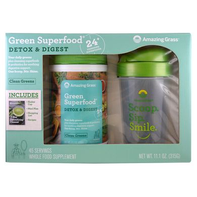 Зелёная Суперпища для детоксикации и пищеварения + шейкер (Green Superfood, Detox Digest & Shaker) 
