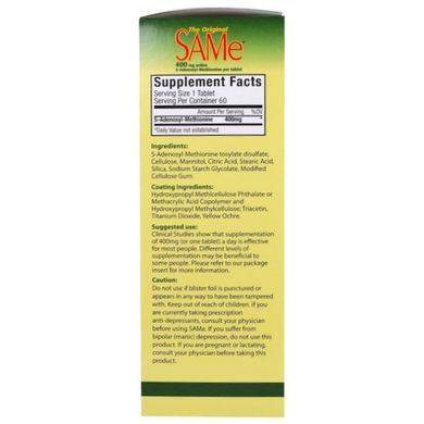 SAMe, S-аденозилметионин (NutraLife, The Original SAMe), 400 мг, 60 таблеток с энтеросолюбильным покрытием