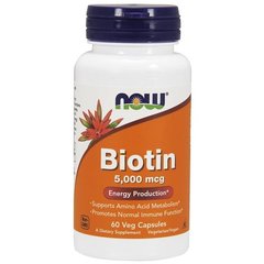 Биотин (Now Foods, Biotin), 5000 мкг, 60 вегетарианских капсул