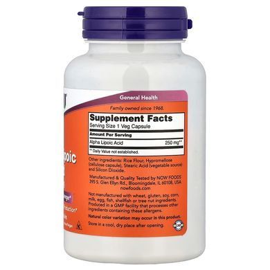 Альфа Ліпоєва Кислота (Now Foods, Alpha Lipoic Acid), 250 мг, 120 капсул
