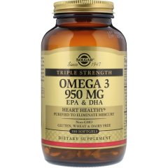 Омега-3 Тройная сила (Solgar, Omega-3, EPA & DHA, Triple Strength),  950 мг, 100 капсул